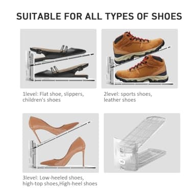 12 Pack Clear Shoe Slots Organizer - Adjustable Height 3.7''to 7.7'' Shoe stackers for a pair of shoes ,Shoe rack storage shoe space saver 50%,Easy to assemble shoe hold shoe organizer for cloest - Image 6