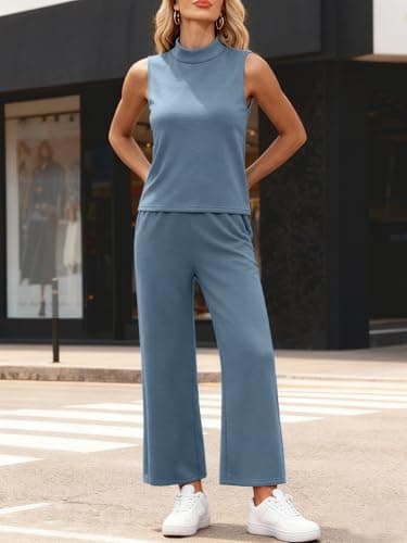Casly Lamiit 2 Piece Outfits for Women 2025 Summer Lounge Sets Travel Outfits Sleeveless Top Cropped Pants Spring Matching Casual Tracksuit Trendy Clothing Blue Grey L - Image 5