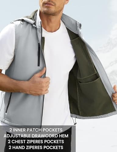 3rd hill Men Vest Outerwear Windproof Vests Fleece Sleeveless Jacket with Detachable Hood for Golf Hiking Grey XXL - Image 3