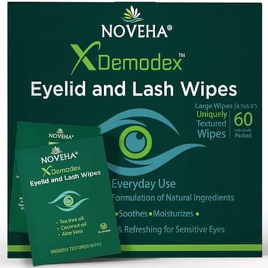 NOVEHA Demodex Eyelid & Lash Wipes | Box Of 60 Individually Wrapped Extra Strength Cleansing Eyelash Wipes - Battle Itchy & Irritated Eyes associated with Demodex Mites, Naturally Remove debris - Image 1