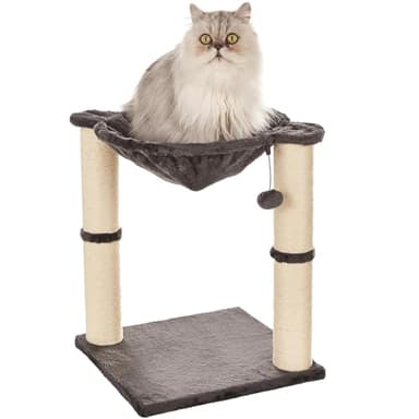 Amazon Basics Cat Condo Tower with Hammock Bed and Scratching Post,Easy to Assemble,Plush Hammock,Interactive Hanging Ball, Durable Sisal Scratch Posts for Indoor Cats, 15.8 x 15.8 x 19.7 Inches, Gray - Image 1