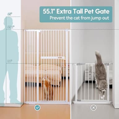 No Pawblems 55.1" Extra Tall Pet Gate for Cat/Dog, 29.9-44.4" Wide Auto Close Tall Cat Gate, NO Drilling Pressure Mounted for Doorways/Hallways, 1.37" Narrower Bar Spacing, White - Image 2