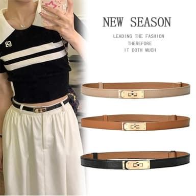 FENLDY Adjustable Thin Belts For Womens Skinny Belts For Dresses Womens Solid Color Alloy Turn Lock Belts For Jeans (Gold buckle Black+Caramel) - Image 7