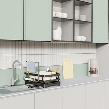 Yawinhe Dish Racks for Kitchen Counter, Space-Saving Drainers with Removable Utensil Holder, Drainboard and Spout, for Knives, Spoons, and Forks, Black - Image 8