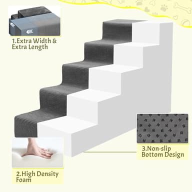 Niubya Dog Stairs for Small Dog and Cats,23”H Non-Slip Bottom Pet Steps for High Beds and Couch,High-Density Foam Pet Stairs Grey,5 Steps - Image 3