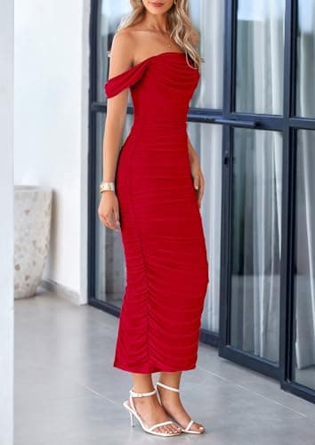 PRETTYGARDEN Womens 2025 Summer Off The Shoulder Dress Ruched Bodycon Sleeveless Split Cocktail Party Maxi Dresses (Red,Small) - Image 4