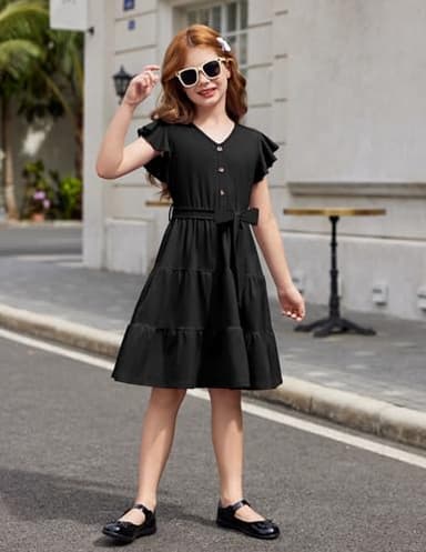 Arshiner Girls Dress Short Sleeve Summer V Neck Button Removable Belt Dresses with Pockets 7-8 Years Black - Image 4