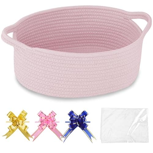 COMSE Small Woven Basket with Gift Bags and Ribbons, Gift Basket Empty, Cotton Rope Storage Organizer, Baby Toy Box with Handles, 12" x 8" x 5", Light pink - Image 1