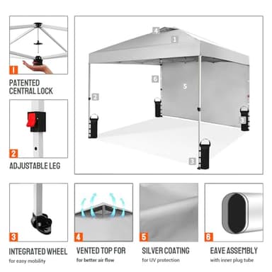 CROWN SHADES 10x10 Pop Up Canopy with 1 Side Wall - Beach Tent with One Push Setup - Outdoor Sun Shade for Events, Parties, Camping - Gazebo with STO-N-Go Cover Bag (White) - Image 4