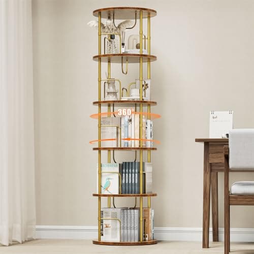 ALLSTAND 5 Tier Rotating Bookshelf, 360 ° Display Stackable Spinning Bookshelf Tower, Narrow Space Saving Tall Floor Standing Swivel Bookcase Corner Storage Organizer for Bedroom, Living Room, Gold - Image 1