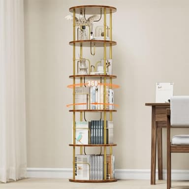 ALLSTAND 5 Tier Rotating Bookshelf, 360 ° Display Stackable Spinning Bookshelf Tower, Narrow Space Saving Tall Floor Standing Swivel Bookcase Corner Storage Organizer for Bedroom, Living Room, Gold - Image 1