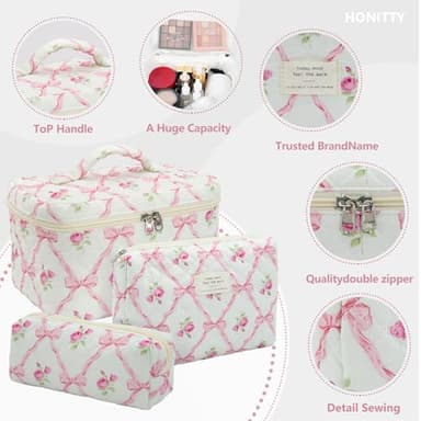 honitty Makeup Bag,Quilted Cosmetic Bag,Large Floral Make Up Bag for Women,Cotton Makeup Bag Set,Flower Travel Toiletry Bag - Image 3