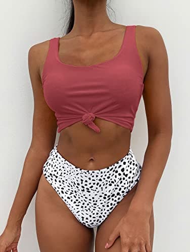 ZAFUL Women's Front Knot Bikini Tops Crop Tankini Top Scoop Neck Padded Bathing Suit Tops Coral Red L - Image 3