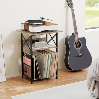 AMHANCIBLE Record Player Stand with Charging Station, Large Turntable with Storage Cabinet holds up to 100 Albums, 3 Tier End Table for Vinyl, Living Room, Grey, HETCD012GY-1 - Image 2