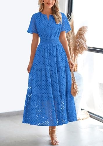 PRETTYGARDEN Womens 2025 Summer Maxi Dress Short Sleeve V Neck Hollow Out Eyelet A Line Long Flowy Beach Vacation Dresses (Blue,Large) - Image 5