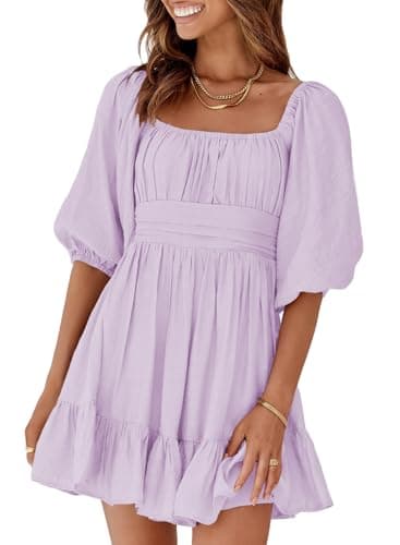 Dokotoo Women Square Neck Spring Dresses for Women 2025 Lantern Sleeve Ruffle A-Line Flowy Sundress Shirred Elastic Waist Tie Backless Light Purple Sexy Dress Plus Size Casual Dresses Large - Image 1