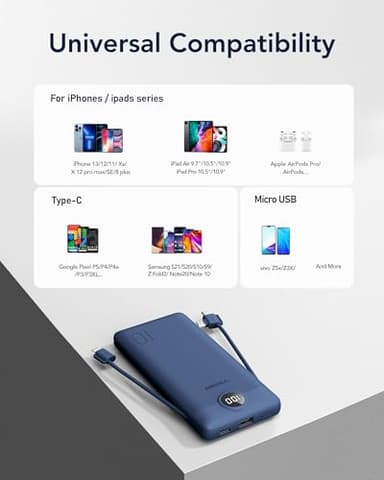 VEGER Portable Charger with Built-in AC Plug and Cables, All in One 10000mAh Ultra-Slim Power Bank, 15W Fast Charging for iPhone, Samsung, Android, Travel Essential (Navy) - Image 6