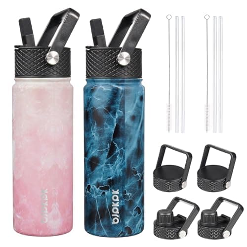 BJPKPK 2 Pack Insulated Water Bottles with Straw Lids, 22oz Stainless Steel Metal Water Bottle with 6 Lids, Leak Proof BPA Free Thermo, Cups, Flasks for Travel, Sports (Blossom+Ocean) - Image 1