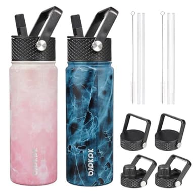 BJPKPK 2 Pack Insulated Water Bottles with Straw Lids, 22oz Stainless Steel Metal Water Bottle with 6 Lids, Leak Proof BPA Free Thermo, Cups, Flasks for Travel, Sports (Blossom+Ocean) - Image 1