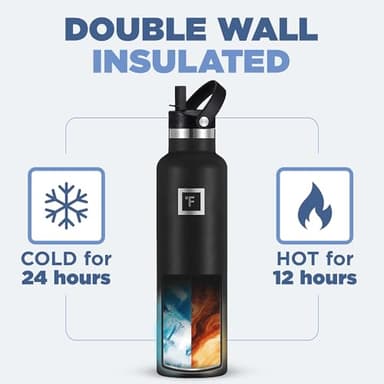 IRON °FLASK Camping & Hiking Hydration Canteens - 3 Lids (Narrow Straw Lid) Leak Proof Vacuum Insulated Stainless Steel - Hot & Cold Double Walled Sports Water Bottle - Black Marquina, 24 Oz - Image 4