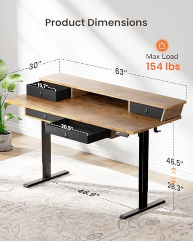 ErGear Electric Standing Desk with 4 Drawers, 63" x 30" Height Adjustable Desk with Storage, C-Clamp Mount Compatible, Computer Home Office Table with Cable Management Tray, Vintage Brown - Image 3