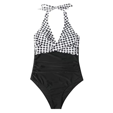 SUUKSESS Women Sexy Tummy Control One Piece Swimsuits Halter Push Up Monokini Bathing Suits (Black Gingham, L) - Image 4