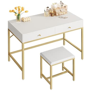 SUPERJARE 35.4" White and Gold Desk with 2 Drawers, Modern Makeup Vanity with Padded Stool, Small Computer Desk Home Office Desk for Writing Study Bedroom - Image 1