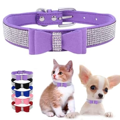 Purple Rhinestone Puppy Collar with Bow, Girl Bling Cat Collars Diamond Female Fancy Sparkly Jewelry Cute Adjustable for XXS XS Small Medium Male Boy Dog Pet Kitten Yorkie, X-Small - Image 1