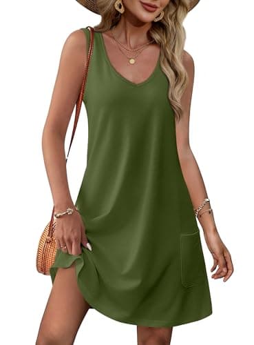 OFEEFAN Summer Dresses for Women 2025 Flowy Loose V Neck Cute Casual Dress Sundresses with Pockets Plain Green M - Image 1
