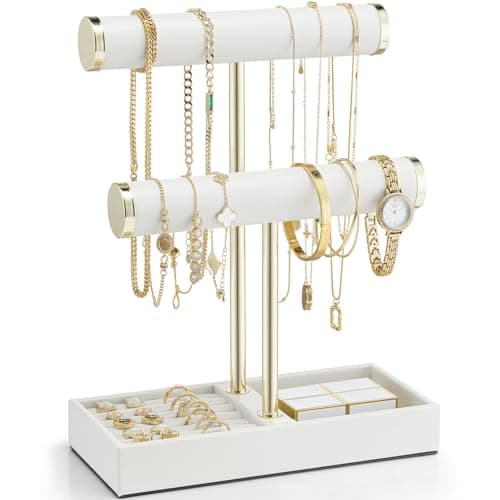 Vlando 2 Tier Bracelet Holder Organizer with Tray - Leather Jewelry Stand Organizer for Women - Jewelry Holder Display for Necklace, Watches, Rings, Earrings, Bangle, Scrunchie - White - Image 1