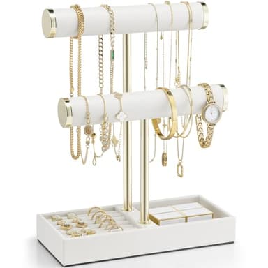 Vlando 2 Tier Bracelet Holder Organizer with Tray - Leather Jewelry Stand Organizer for Women - Jewelry Holder Display for Necklace, Watches, Rings, Earrings, Bangle, Scrunchie - White - Image 1