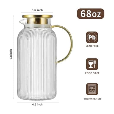 Buaic 2 PACK Glass Pitcher with Lid, 68 oz/ 2 Liter Classic Vertical Stripes Water Pitcher with Yellow Handle,Glass Water Carafe for Cold Brew, Coffee, Lemonade, Iced Sun Tea,Beverage,Heat Resistant - Image 2