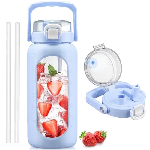 BLUEGO 64oz Glass Water Bottle with Handle and Straw, Motivational Sports Water Bottle with Time Marker and Silicone Sleeve Leakproof Drinking Bottle for Travel Gym Workout, Light Blue - Image 1
