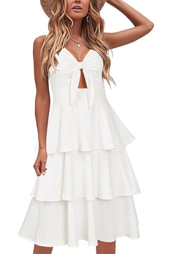 VOTEPRETTY Womens 2025 Summer Dress Midi V Neck Tie Front Casual Spaghetti Strap Vacation Tiered Ruffle Sundress(Light White,L) - Image 1