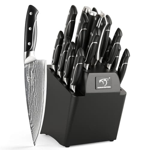 18 Pieces Damascus Kitchen Knife Set, 8 Piece Steak Knives, Non-slip ABS Ergonomic Triple Rivet Handle for Meat Fork, Knife Sharpener and Shears, 17 Slots Wooden Knife Block - Image 1