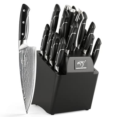 18 Pieces Damascus Kitchen Knife Set, 8 Piece Steak Knives, Non-slip ABS Ergonomic Triple Rivet Handle for Meat Fork, Knife Sharpener and Shears, 17 Slots Wooden Knife Block - Image 1