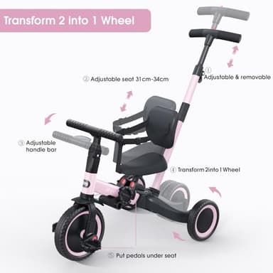 newyoo Toddler Tricycle,Toddler Bike,Birthday Gifts and Toys for 1-3 Year Old Boys and Girls, Trike with Push Handle, Backrest and Safety Belt, Balance Bike, TR007, Pink - Image 4