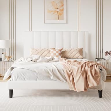 SHA CERLIN Queen Bed Frame/Velvet Upholstered Platform Bed Frame with Headboard/Strong Wood Slats Support/Mattress Foundation/No Box Spring Needed/Easy Assembly/White - Image 8