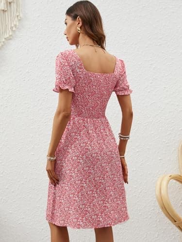 Berydress Women's Summer Dresses 2025 Pockets Short Sleeve Square Neck Flowy A Line Casual Beach Smocked Mini Sun Dress - Image 4