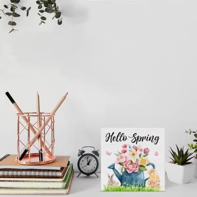 YXSEZ Rustic Wooden Spring Decorative Sign - 5 x 5 Inches - Floral Theme - Tabletop - Hello Spring - Image 3