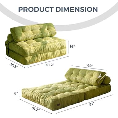 MAXYOYO Folding Sofa Bed, Convertible Sleeper Chair with Pilow Foldable Matress with Back Support, Portable Fold Out Chair Bed for Living Room Bedroom, Green Double - Image 2