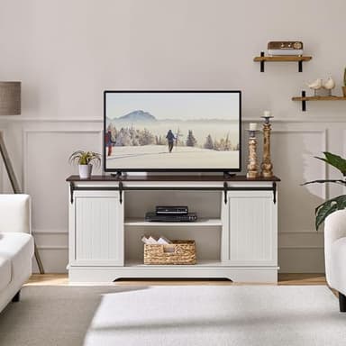 Yaheetech TV Stand for 65 Inch TV, Farmhouse Entertainment Center with Sliding Barn Doors, TV Media Console for Living Room, White & Espresso - Image 3