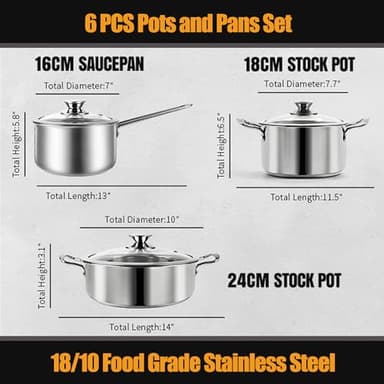 Aufranc Stainless Steel pots and pans set, 6 Piece Nonstick Kitchen Induction Cookware Set,Works with Induction/Electric and Gas Cooktops, Nonstick, Dishwasher - Image 2