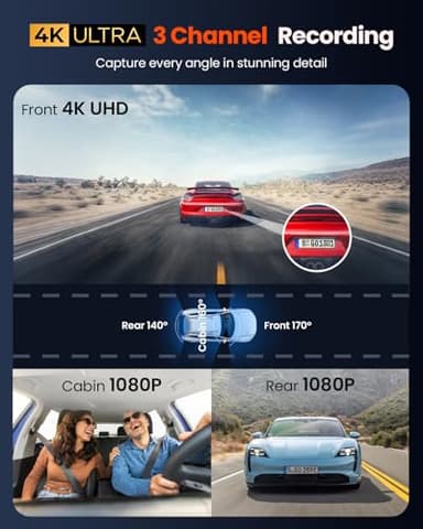 QCONTROL 3 Channel Dash Cam, Built-in 5G WiFi and GPS, 4K+1080P+1080P Dash Camera for Cars, Car Camera with 3-Inch Screen, IR Night Vision, 24Hr Parking Mode, G-Sensor, 64GB Card - Image 2