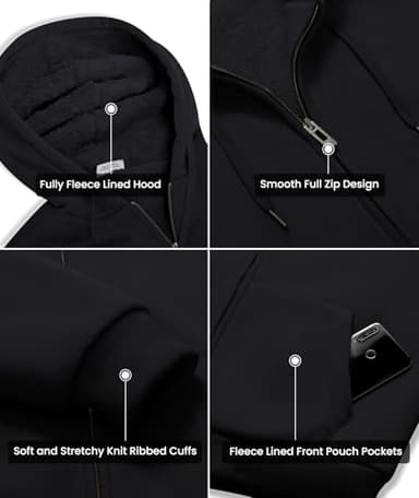 GEEK LIGHTING Hoodies for Men Heavyweight Fleece Sweatshirt - Full Zip Up Thick Sherpa Lined All black XL - Image 4
