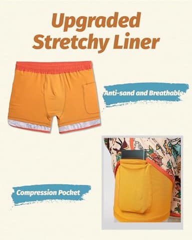 maamgic Mens Short 80s 90s Vintage 5.5" Swim Trunks Swimsuits Board Shorts Compression Liner Quick Dry 2 in 1 Bathing Suits Carnation Bird Orange X-Large - Image 5