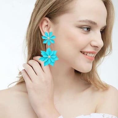 GUOXIAOMEI Handmade Bohemian Large Matte Double Flower Dangle Drop Earrings Metal floral Stud Earrings For Women Statement Wedding Holiday Jewelry Gifts (Green) - Image 3