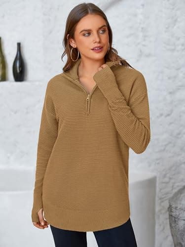 PRETTYGARDEN Womens Long Sleeve Quarter Zip Pullover Sweater Casual Loose V Neck Collared Ribbed Knit Jumper Tops Thumb Hole(Khaki,Small) - Image 2