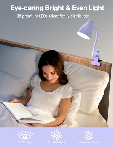 BOHON Desk Lamp with Clamp, 10W 38 LED Clip on Light, 5 Color 10 Brightness Auto Off Timer, Flexible Gooseneck Clip Lamp, Desk Lights for Office Home Bed Bedside Reading, Lilac Purple - Image 6
