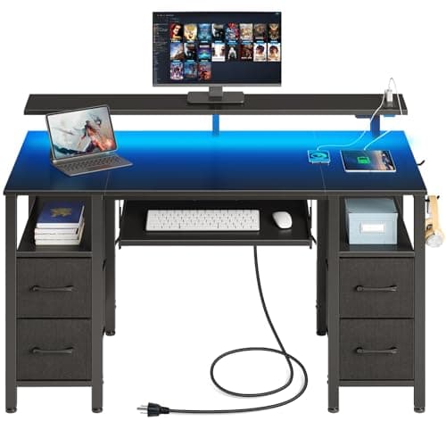 Seventable Computer Desk 47.2" with LED Lights & Power Outlets, Home Office Desk with 4 Drawers, Writing Desk with Keyboard Tray, Study Table with Monitor Stand, Work Desks for Home Office, Black - Image 1